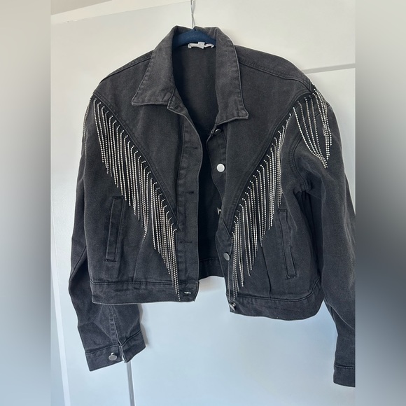 Rhinestone Fringe Crop Denim Jacket - Picture 6 of 7